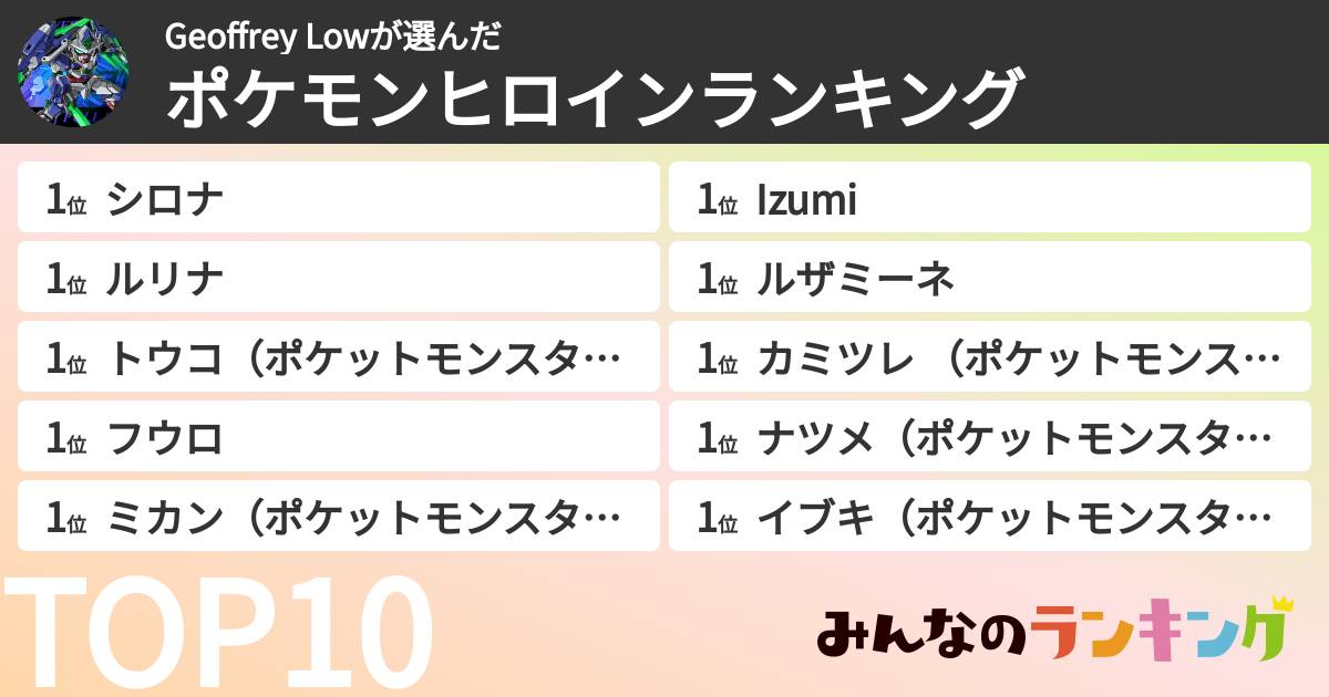Geoffrey Lowさんの「ポケモンヒロインランキング」