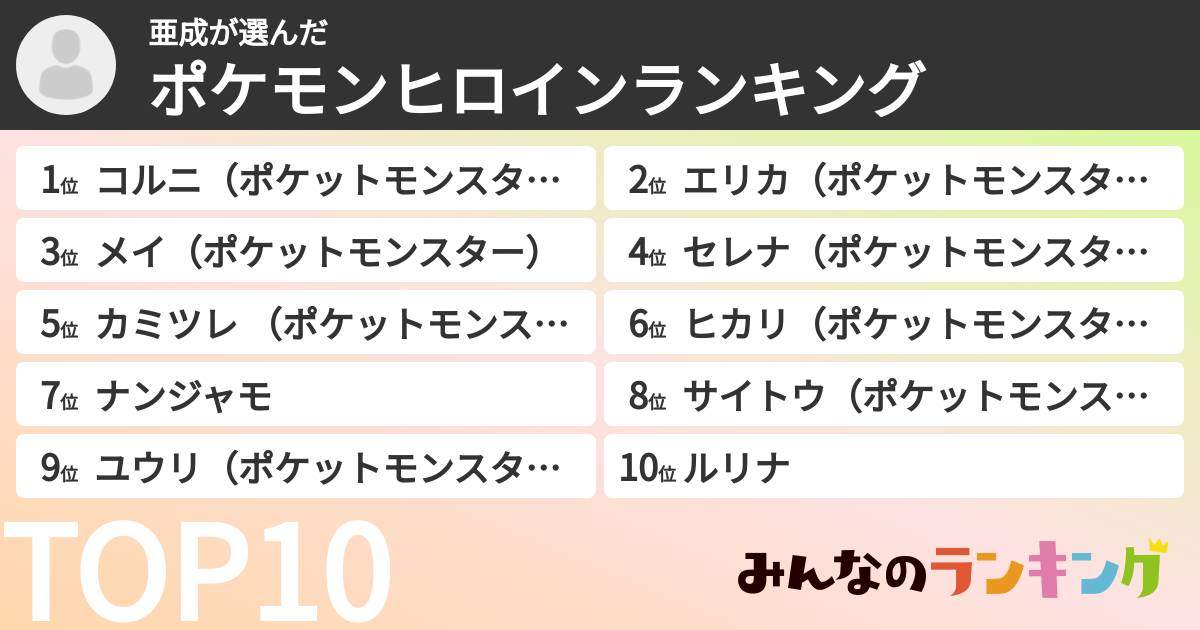 亜成さんの「ポケモンヒロインランキング」