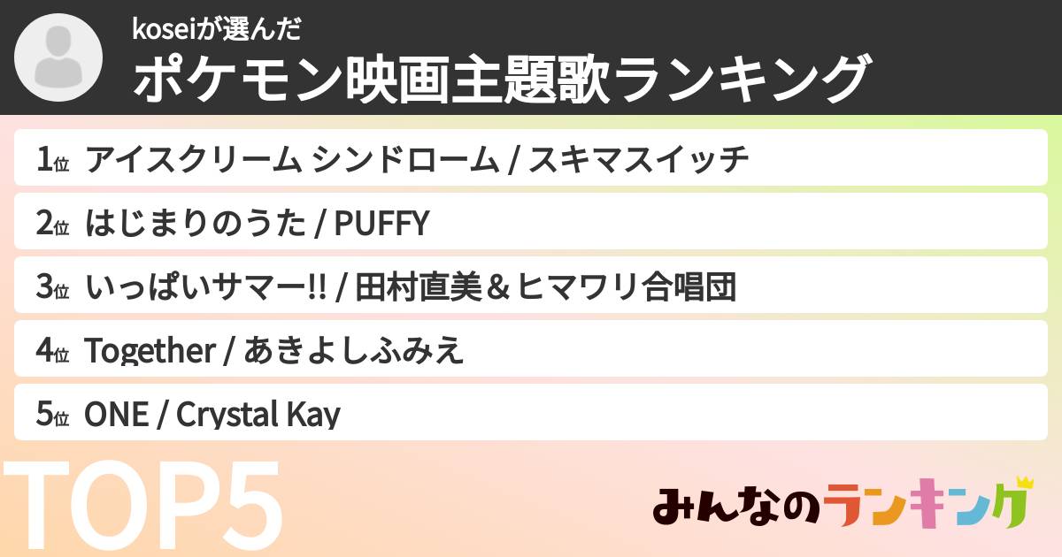 koseiさんの「ポケモン映画主題歌ランキング」