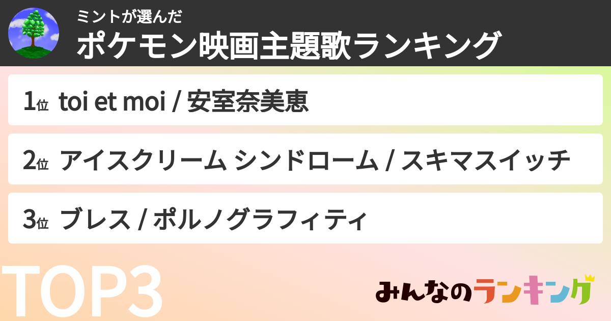 ミントさんの「ポケモン映画主題歌ランキング」