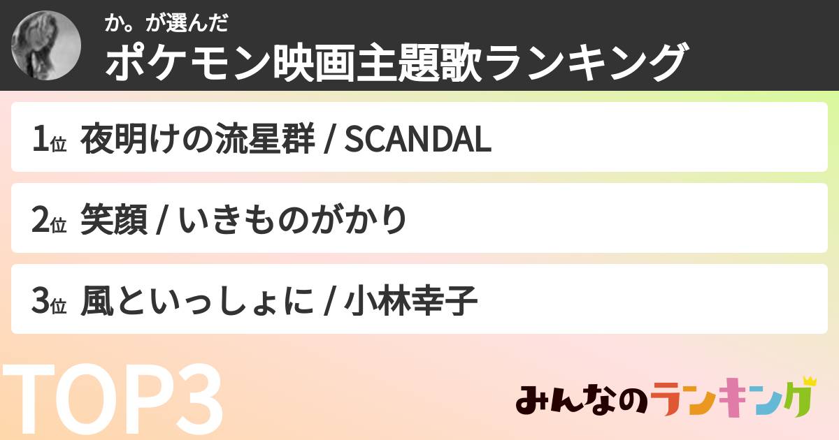 か。さんの「ポケモン映画主題歌ランキング」