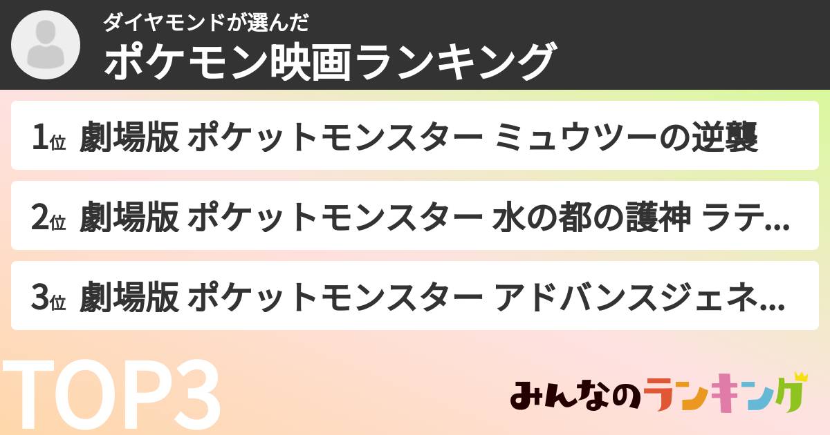 ダイヤモンドさんの「ポケモン映画ランキング」