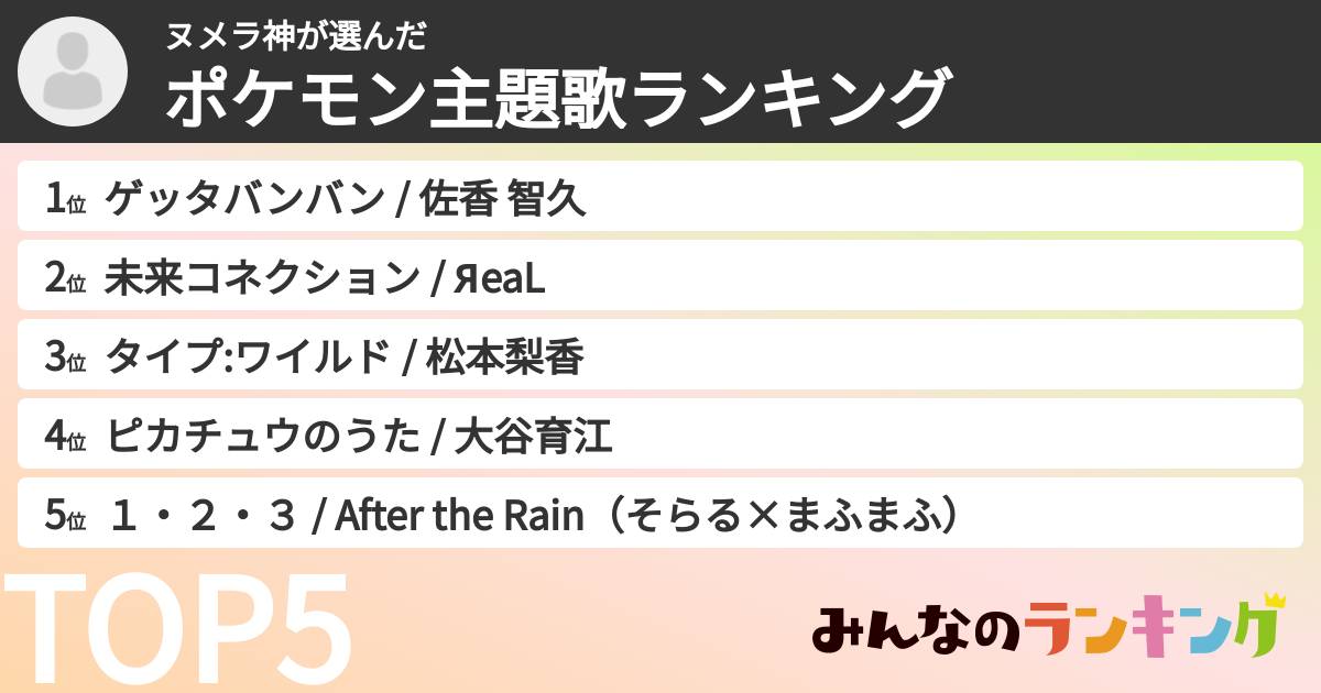 ヌメラ神さんの「ポケモン主題歌ランキング」
