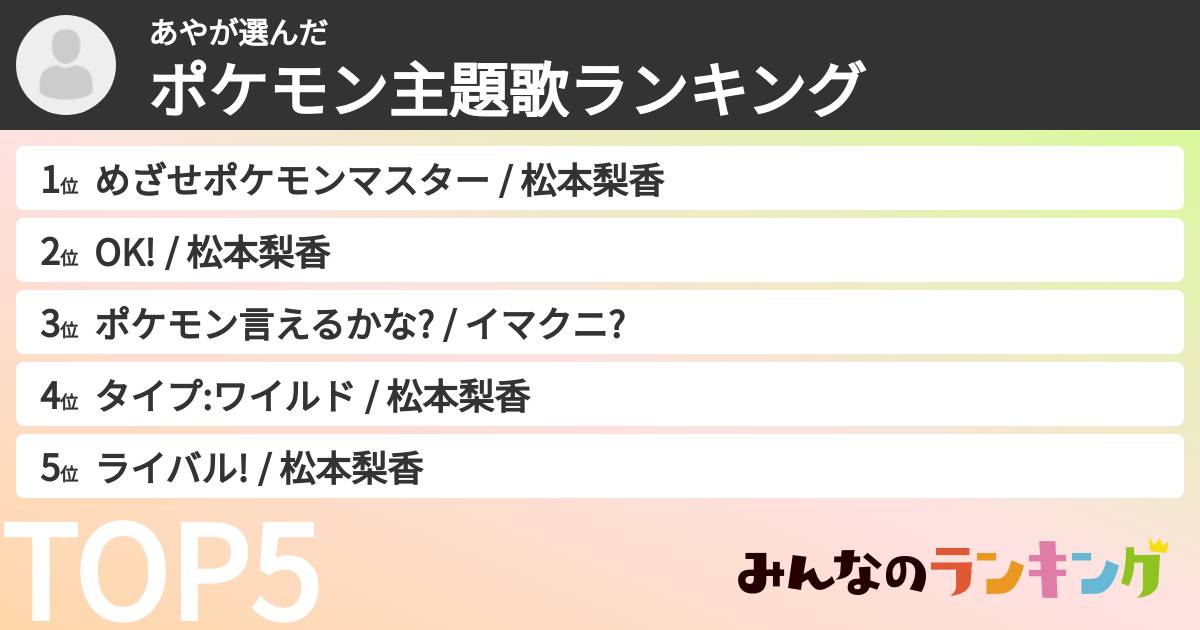 あやさんの「ポケモン主題歌ランキング」