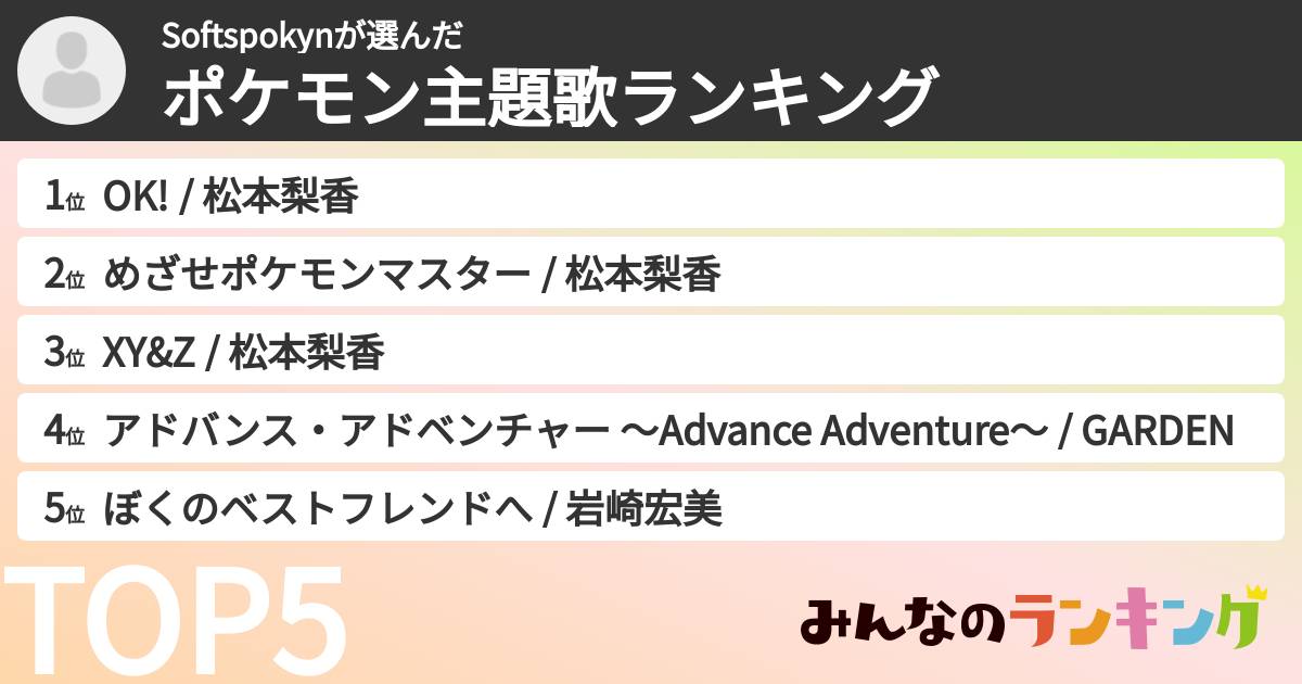 Softspokynさんの「ポケモン主題歌ランキング」
