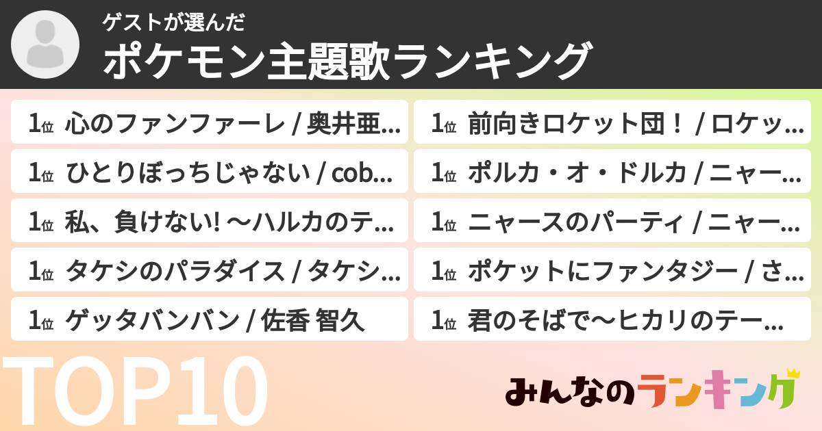 ゲストさんの「ポケモン主題歌ランキング」