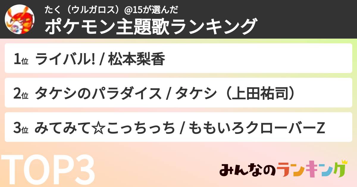 たく(ウルガロス)@15さんの「ポケモン主題歌ランキング」