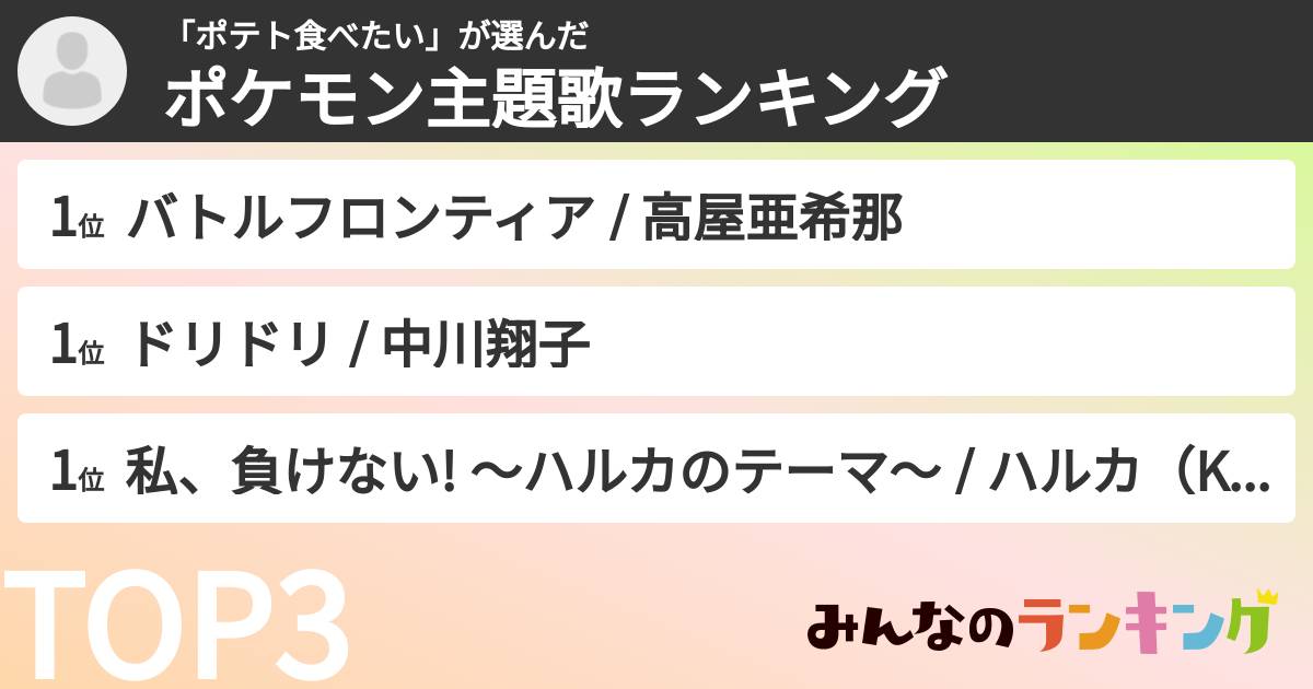 「ポテト食べたい」さんの「ポケモン主題歌ランキング」