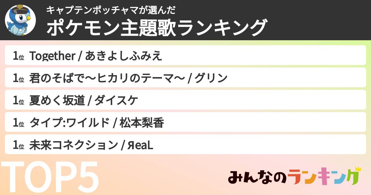 キャプテンポッチャマさんの「ポケモン主題歌ランキング」