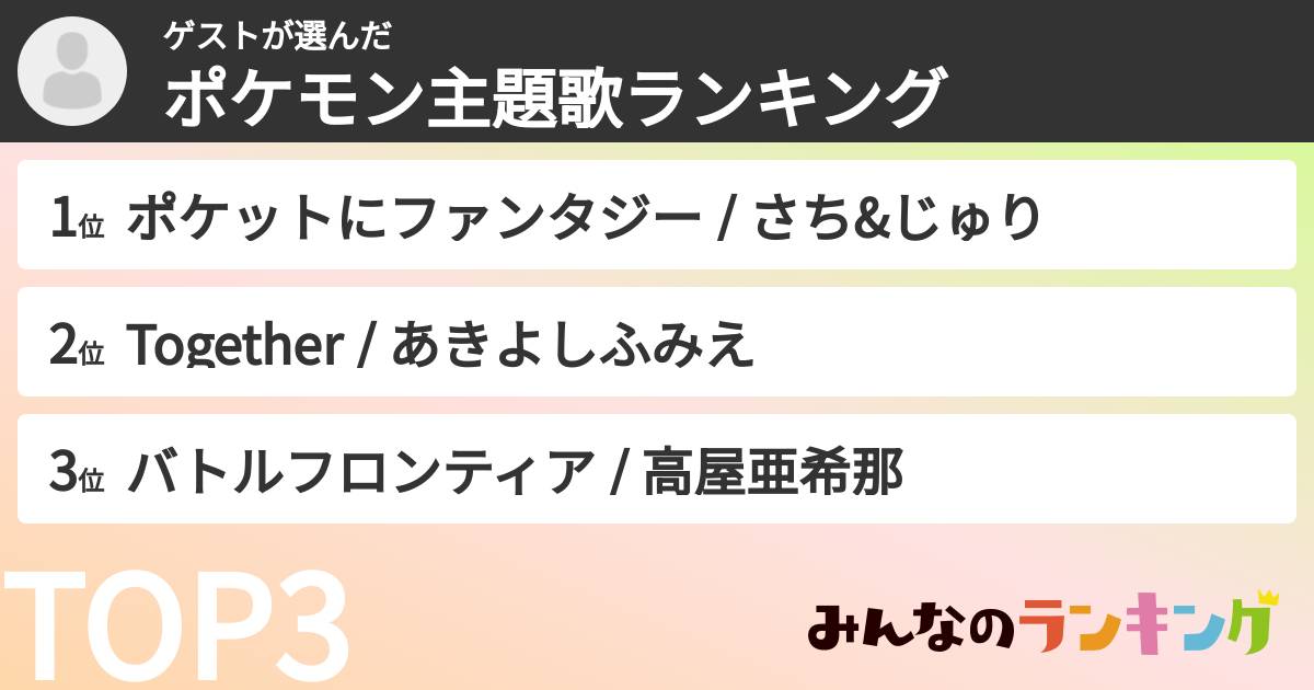 ゲストさんの「ポケモン主題歌ランキング」