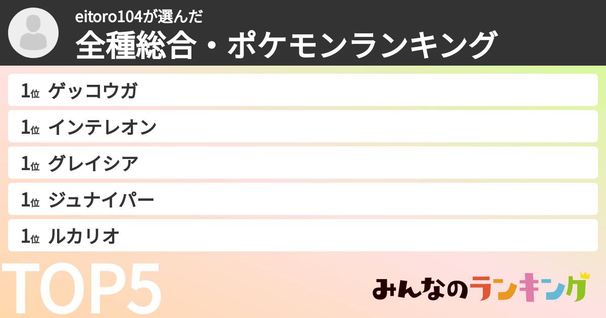 eitoro104さんの「全種総合・ポケモンランキング」