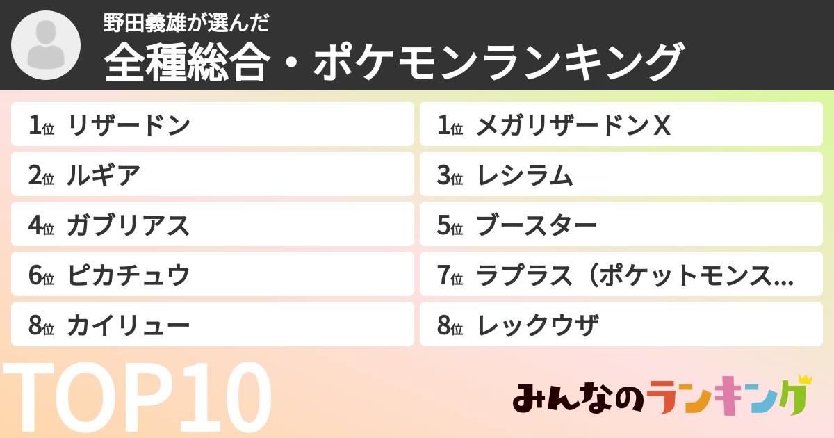 野田義雄さんの「全種総合・ポケモンランキング」