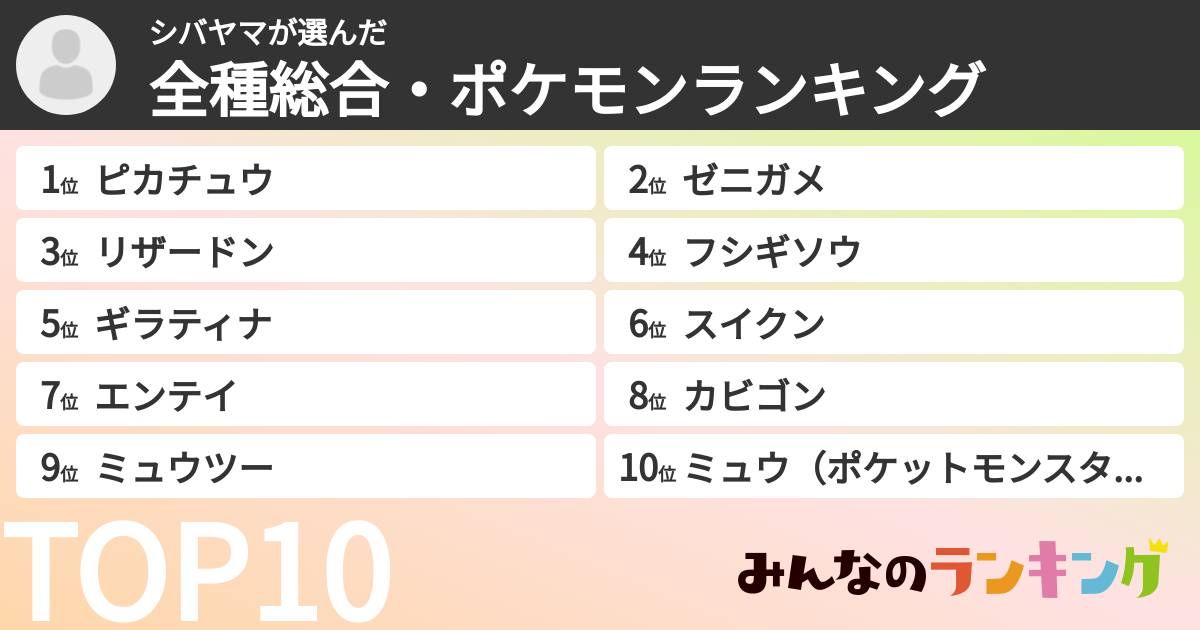 シバヤマさんの「全種総合・ポケモンランキング」