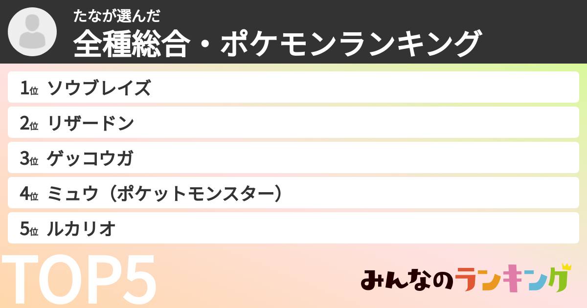 たなさんの「全種総合・ポケモンランキング」