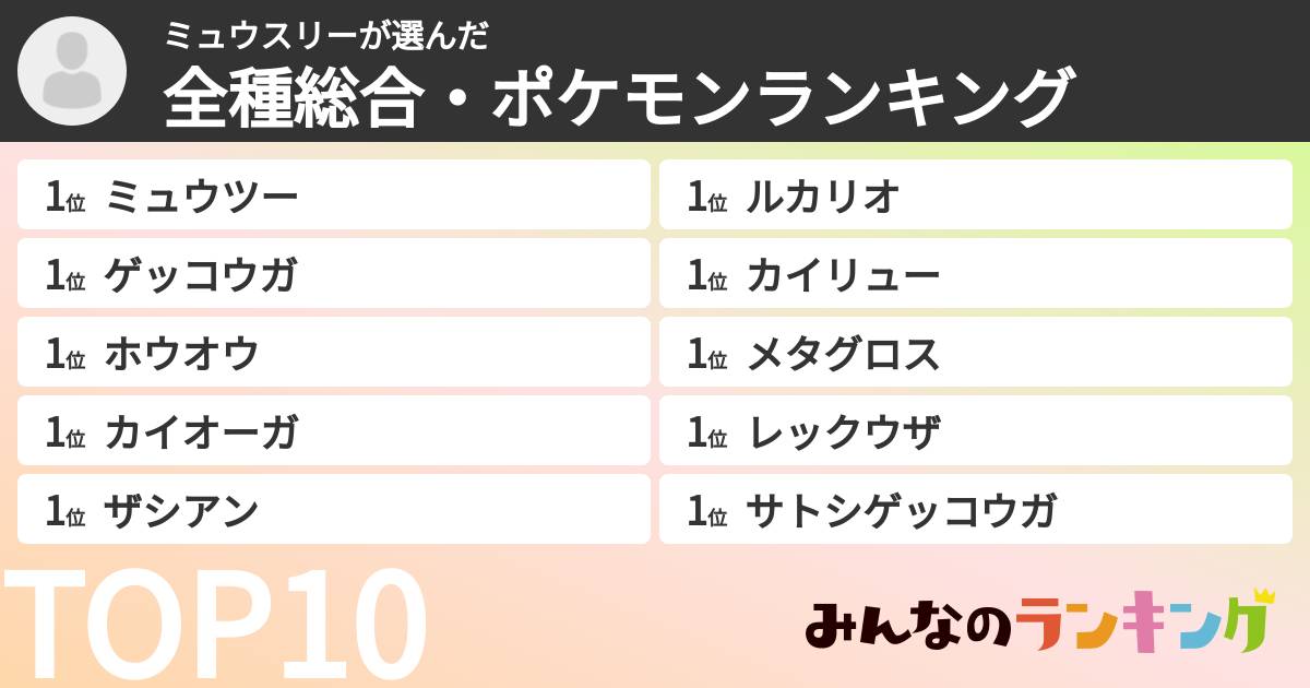 ミュウスリーさんの「全種総合・ポケモンランキング」