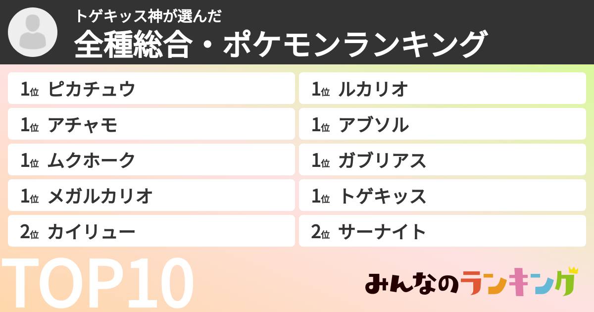 トゲキッス神さんの「全種総合・ポケモンランキング」