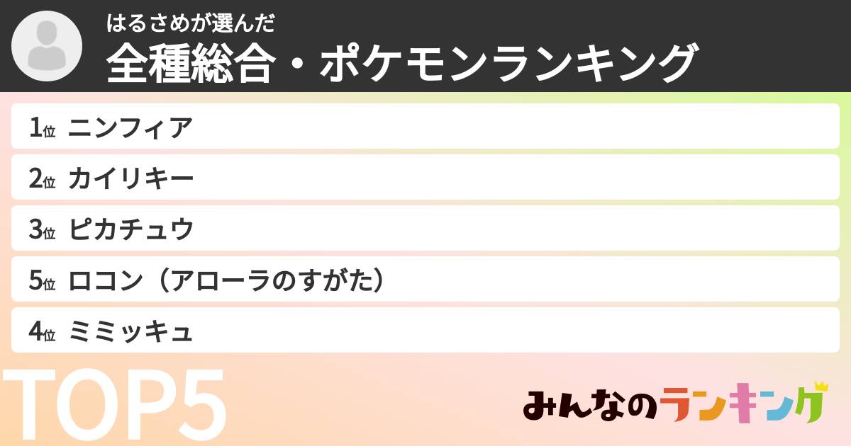 はるさめさんの「全種総合・ポケモンランキング」
