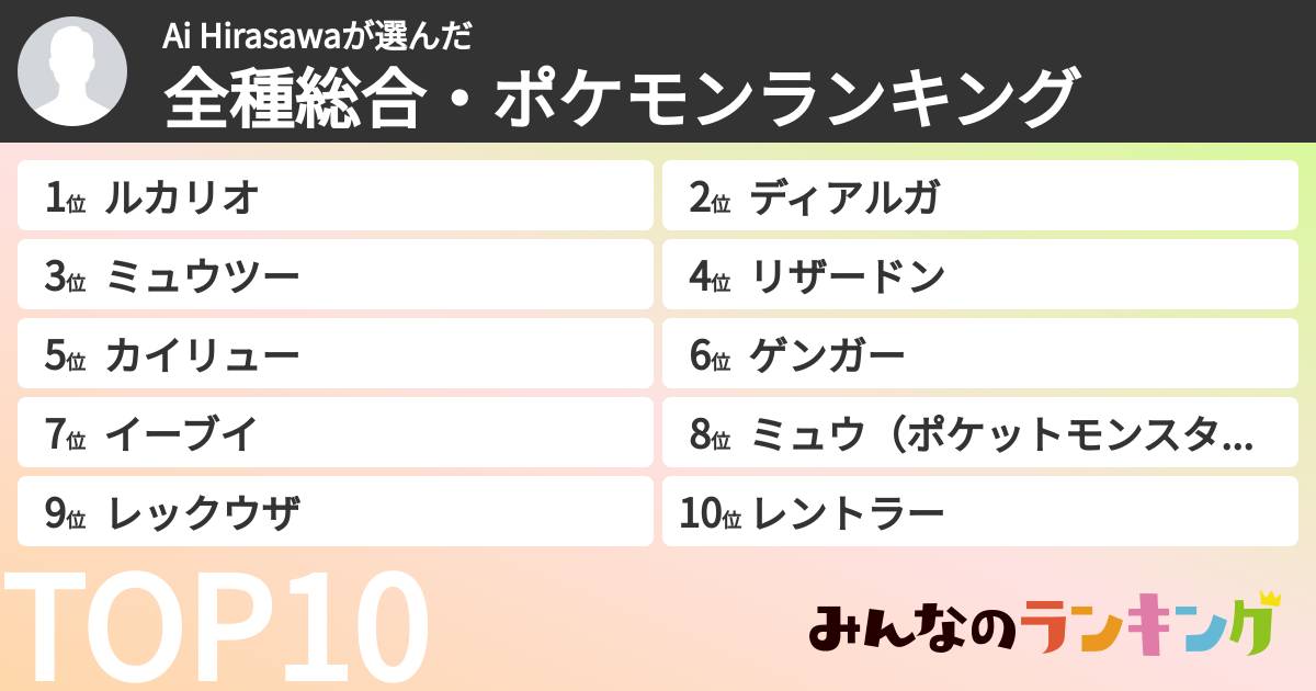 Ai Hirasawaさんの「全種総合・ポケモンランキング」