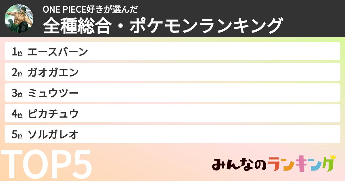 ONE PIECE好きさんの「全種総合・ポケモンランキング」