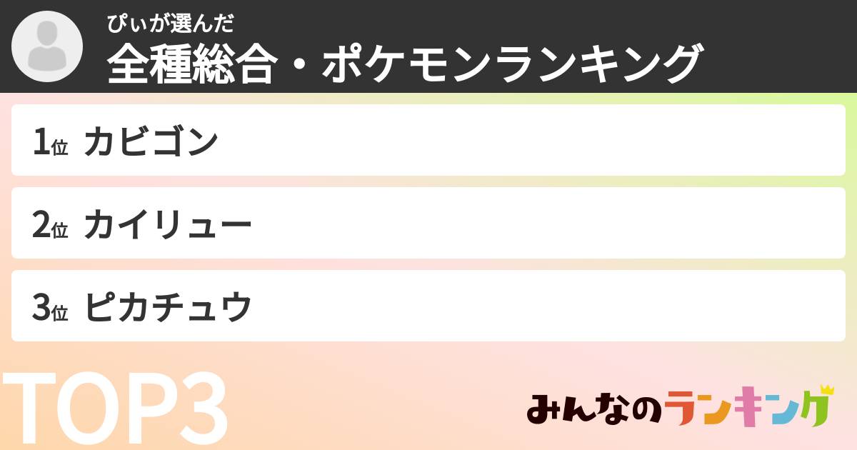 ぴぃさんの「全種総合・ポケモンランキング」