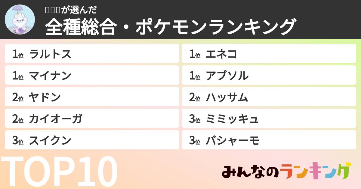 𝒩ღ❆さんの「全種総合・ポケモンランキング」