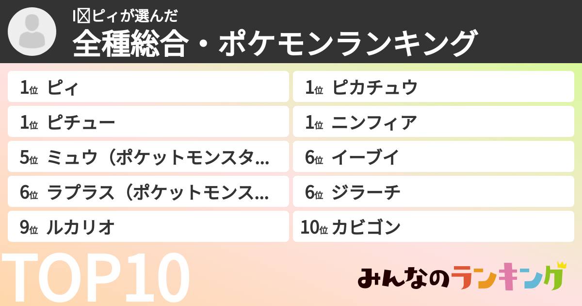 I❤ピィさんの「全種総合・ポケモンランキング」