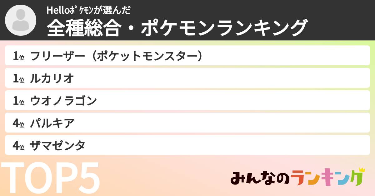 Helloポケモンさんの「全種総合・ポケモンランキング」