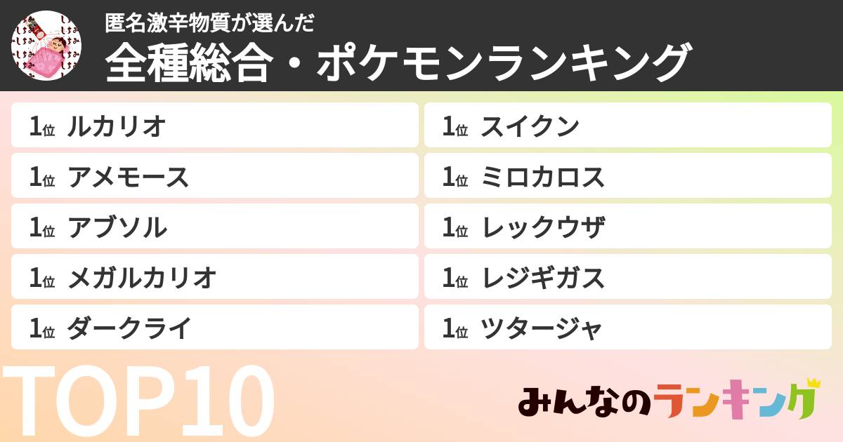 匿名激辛物質さんの「全種総合・ポケモンランキング」