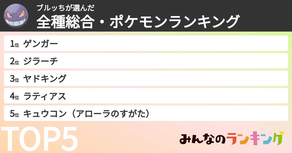 ブルッちさんの「全種総合・ポケモンランキング」