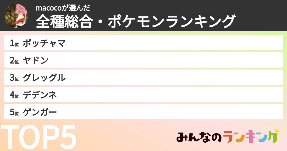 macocoさんの「全種総合・ポケモンランキング」