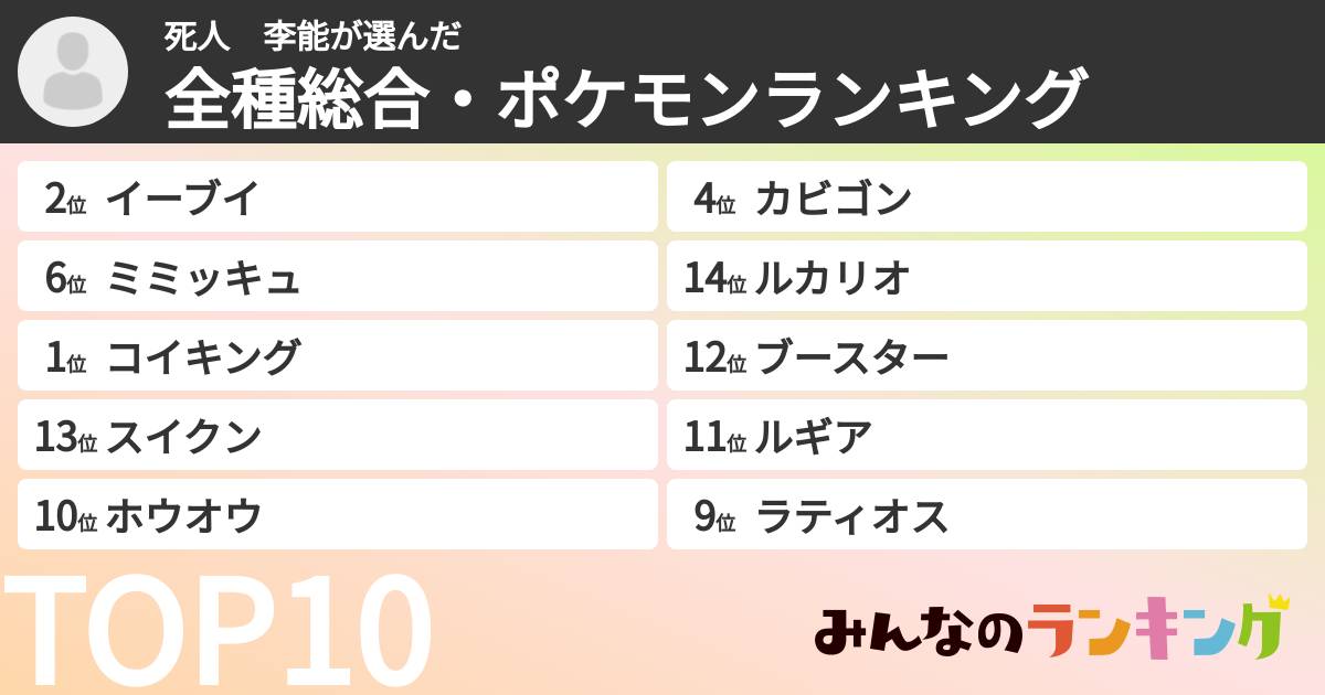 死人 李能さんの「全種総合・ポケモンランキング」
