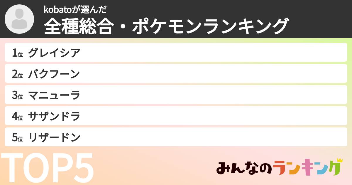 kobatoさんの「全種総合・ポケモンランキング」