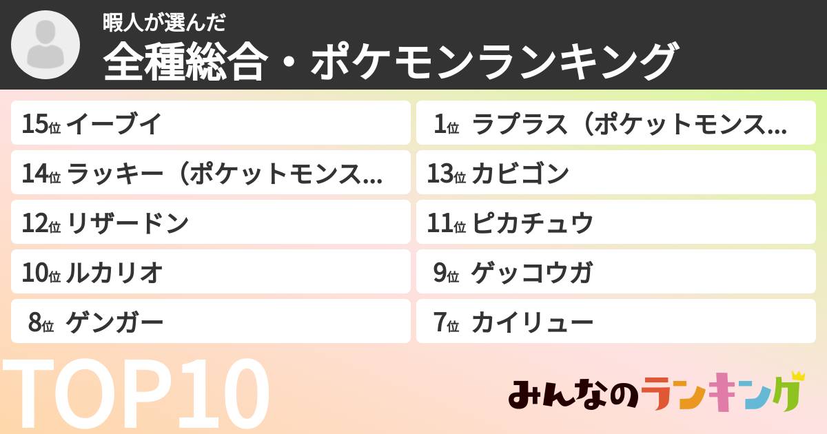 暇人さんの「全種総合・ポケモンランキング」