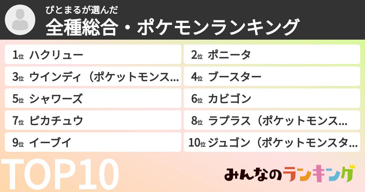 ぴとまるさんの「全種総合・ポケモンランキング」