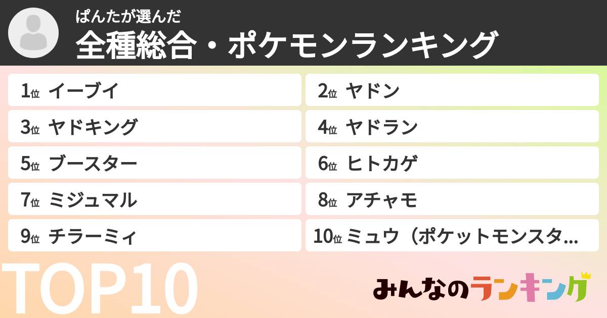ぱんたさんの「全種総合・ポケモンランキング」