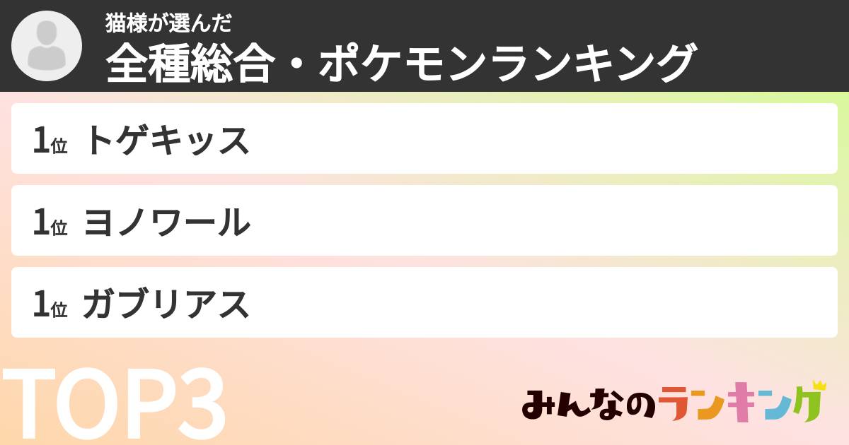 猫様さんの「全種総合・ポケモンランキング」