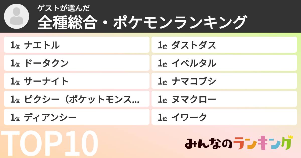 ゲストさんの「全種総合・ポケモンランキング」