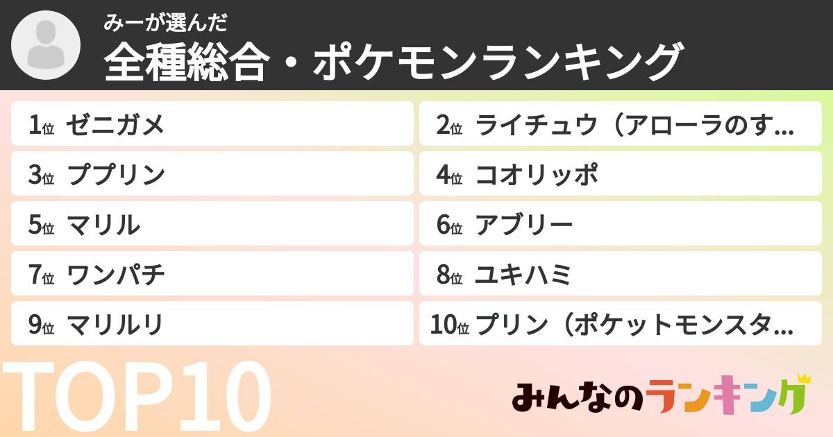 みーさんの「全種総合・ポケモンランキング」