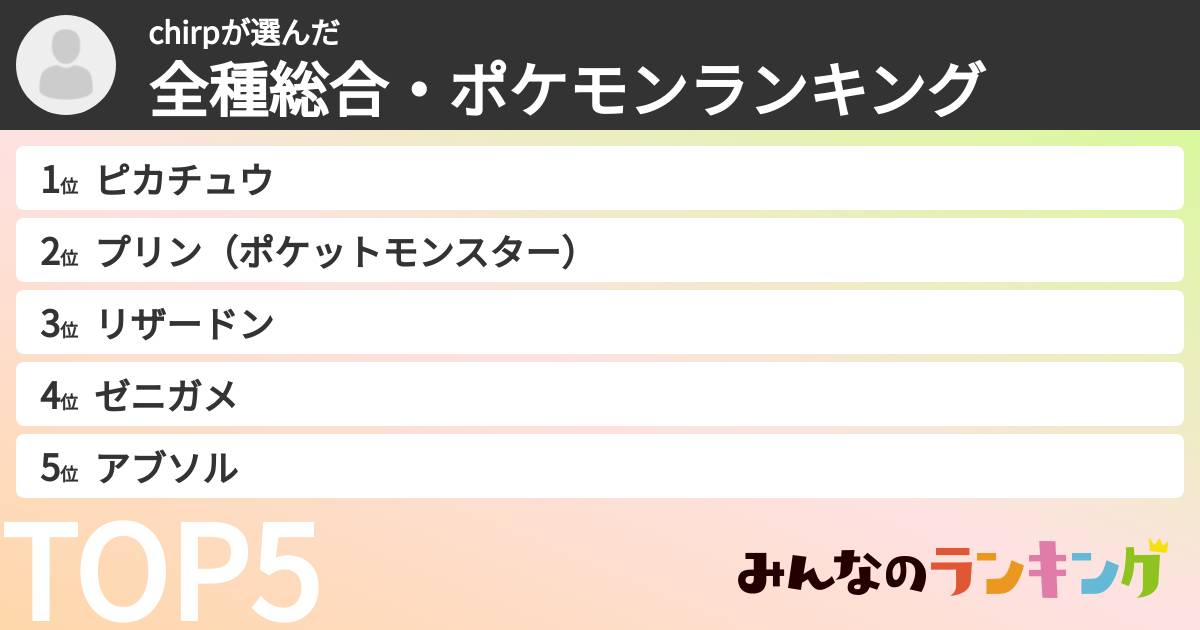 chirpさんの「全種総合・ポケモンランキング」