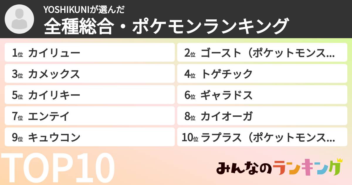 YOSHIKUNIさんの「全種総合・ポケモンランキング」