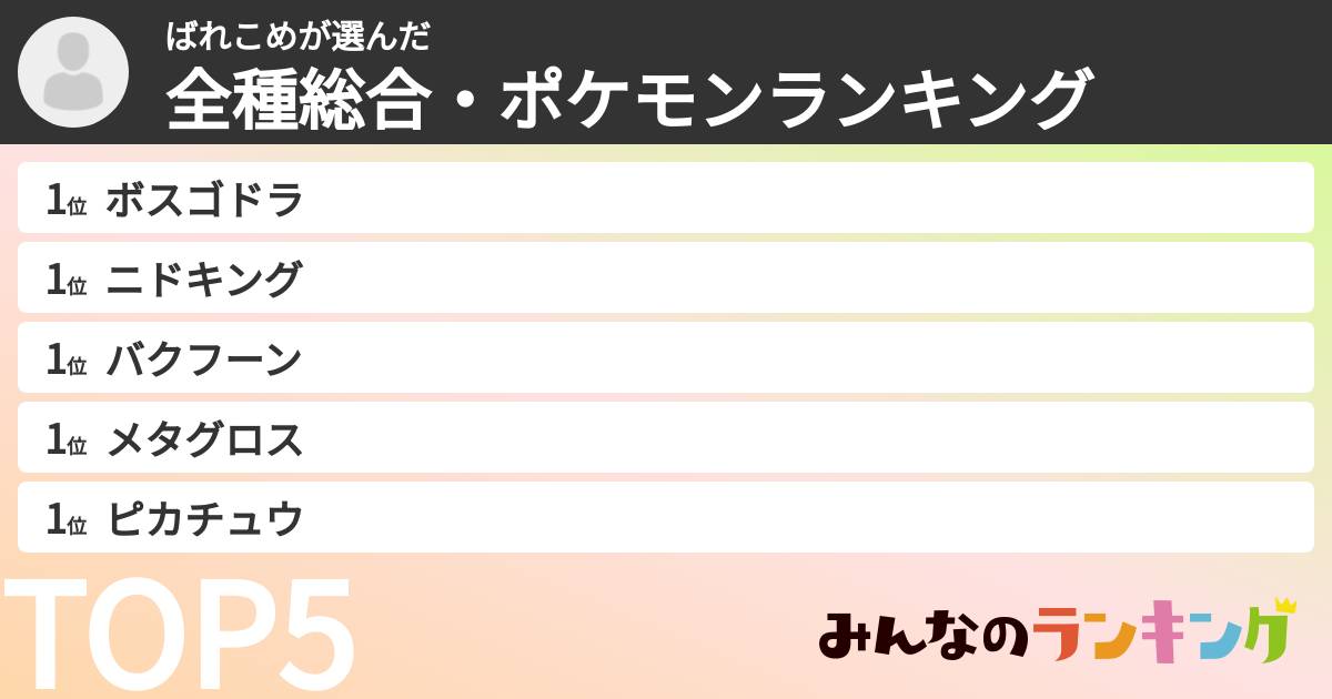 ばれこめさんの「全種総合・ポケモンランキング」