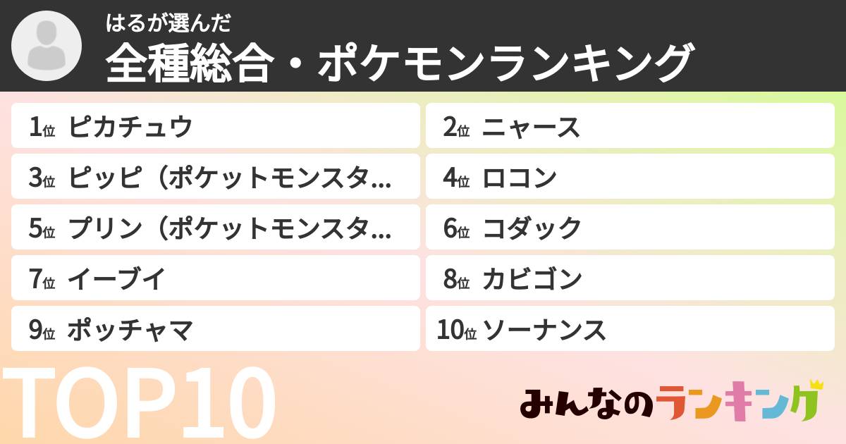はるさんの「全種総合・ポケモンランキング」