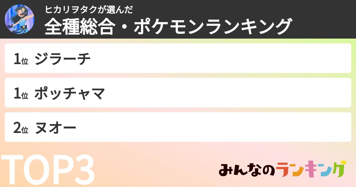 ヒカリヲタクさんの「全種総合・ポケモンランキング」
