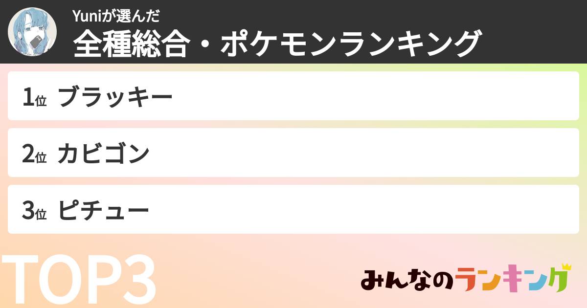Yuniさんの「全種総合・ポケモンランキング」
