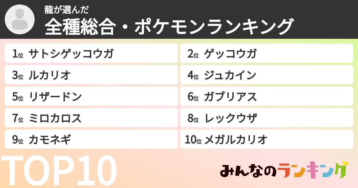 龍さんの「全種総合・ポケモンランキング」
