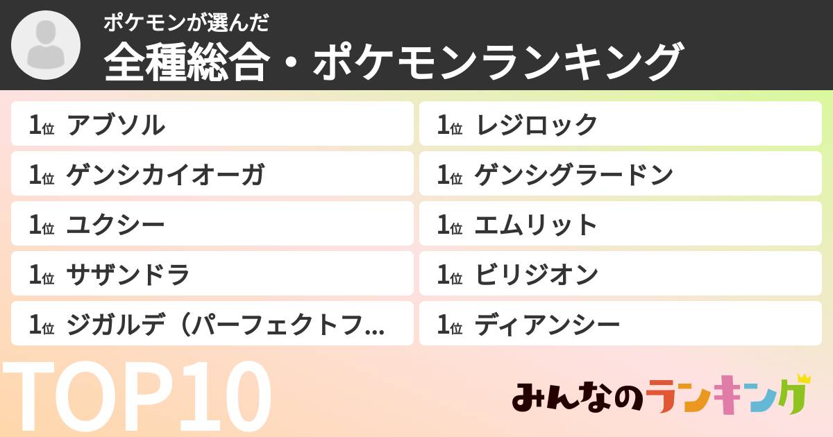 ポケモンさんの「全種総合・ポケモンランキング」