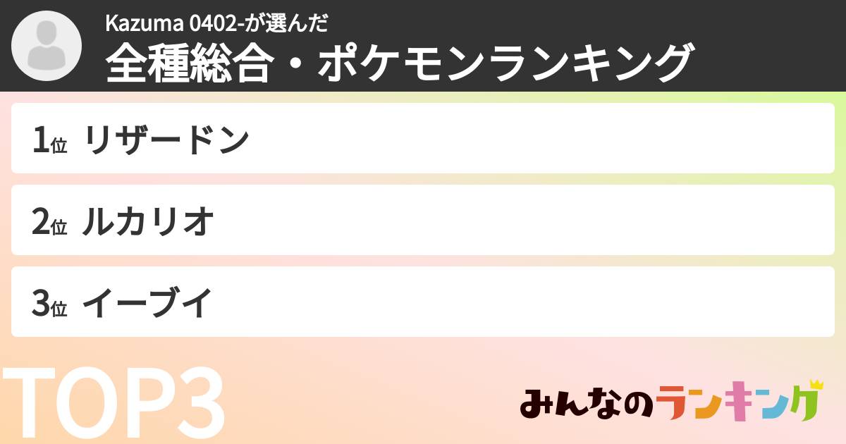 Kazuma 0402-さんの「全種総合・ポケモンランキング」