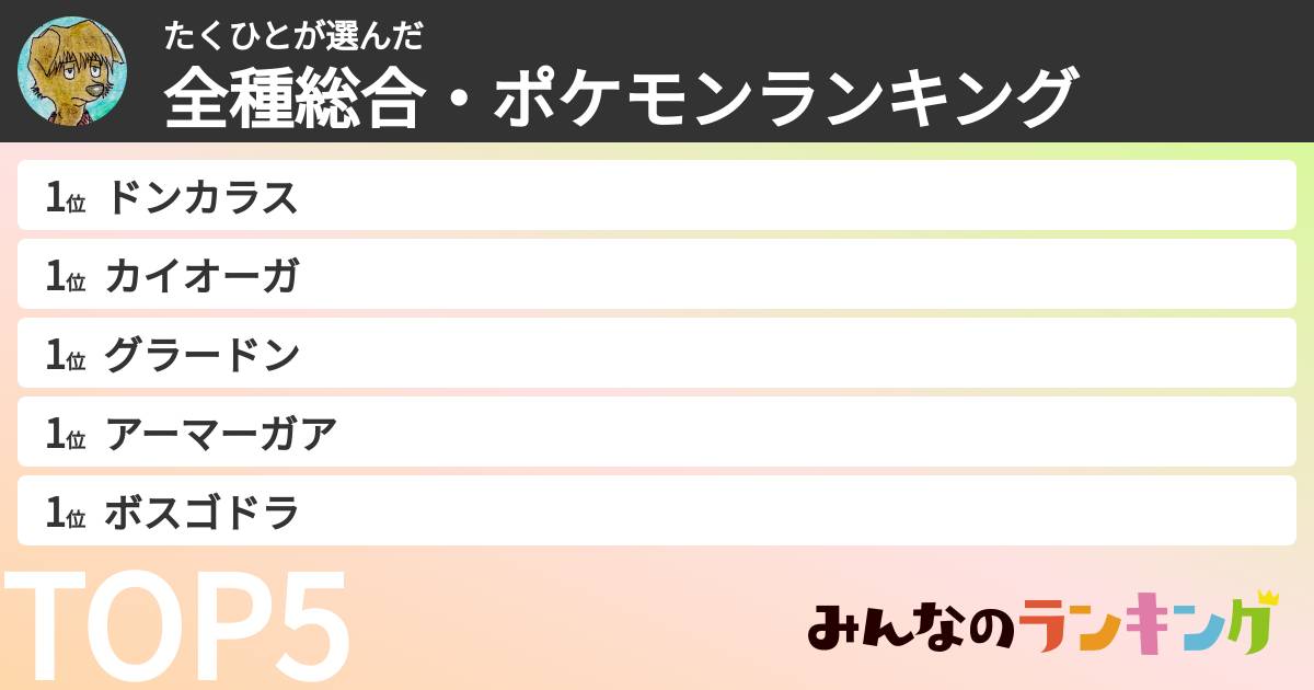 たくひとさんの「全種総合・ポケモンランキング」