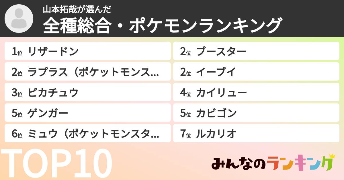 山本拓哉さんの「全種総合・ポケモンランキング」