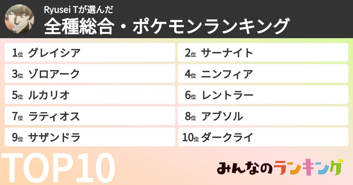 Ryusei Tさんの「全種総合・ポケモンランキング」
